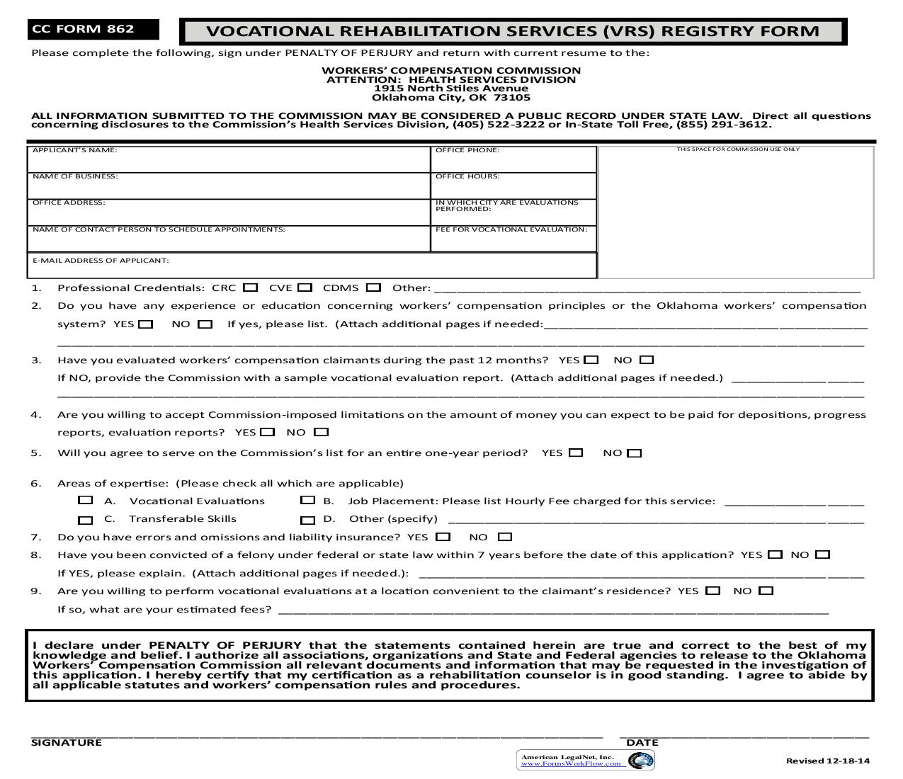 Application For Vocational Rehabilitation Evaluator {CC-Form-862} | Pdf Fpdf Doc Docx | Oklahoma