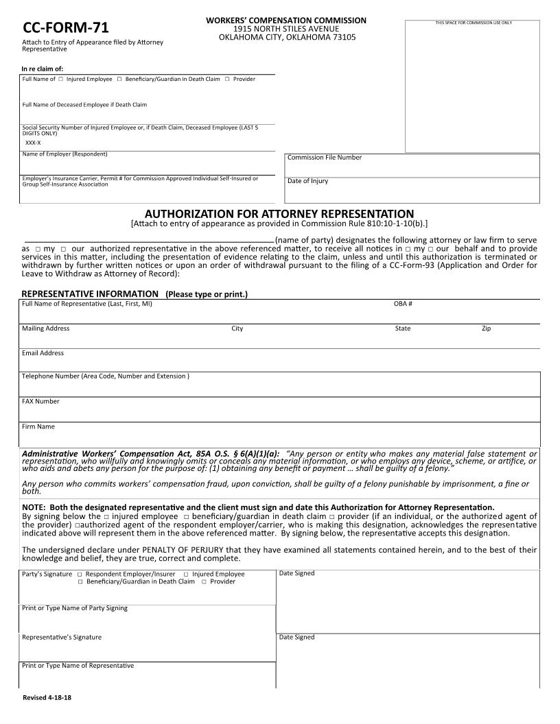 Authorization For Attorney Representation {CC-Form-71} | Pdf Fpdf Docx | Oklahoma