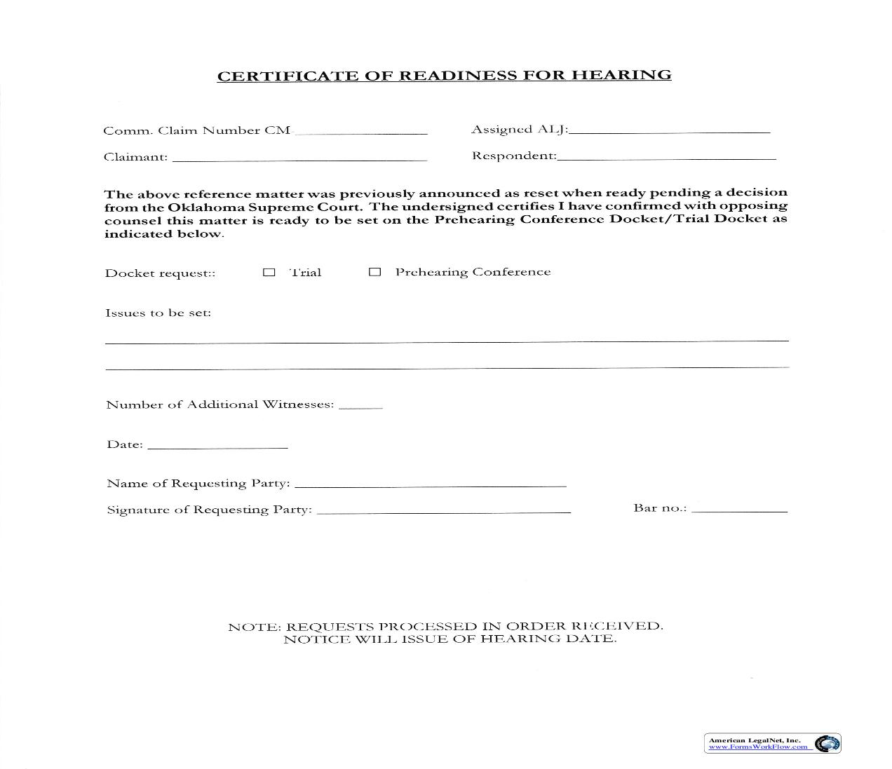 Certificate Of Readiness For Hearing | Pdf Fpdf Doc Docx | Oklahoma