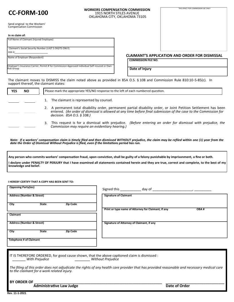 Claimants Application And Order For Dismissal {CC-Form-100} | Pdf Fpdf Docx | Oklahoma