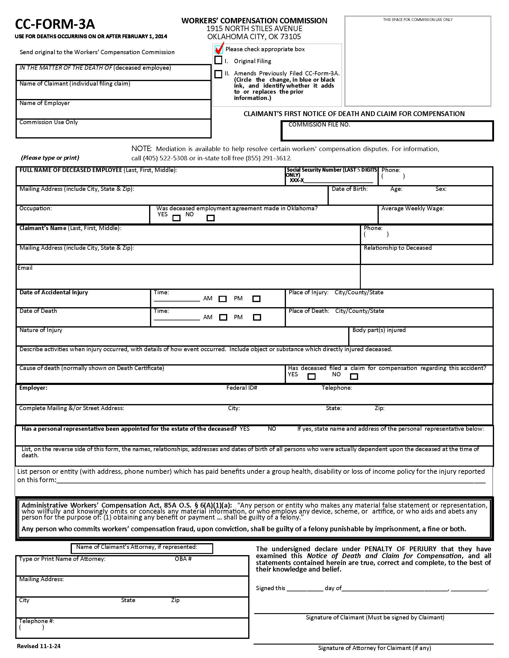 Claimants First Notice Of Death And Claim For Compensation {CC-Form-3A} | Pdf Fpdf Docx | Oklahoma