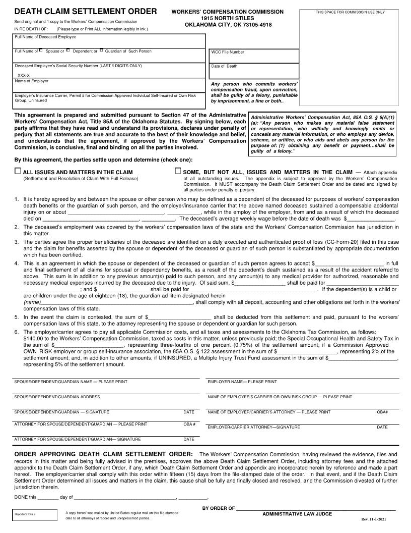Death Claim Settlement Order | Pdf Fpdf Docx | Oklahoma