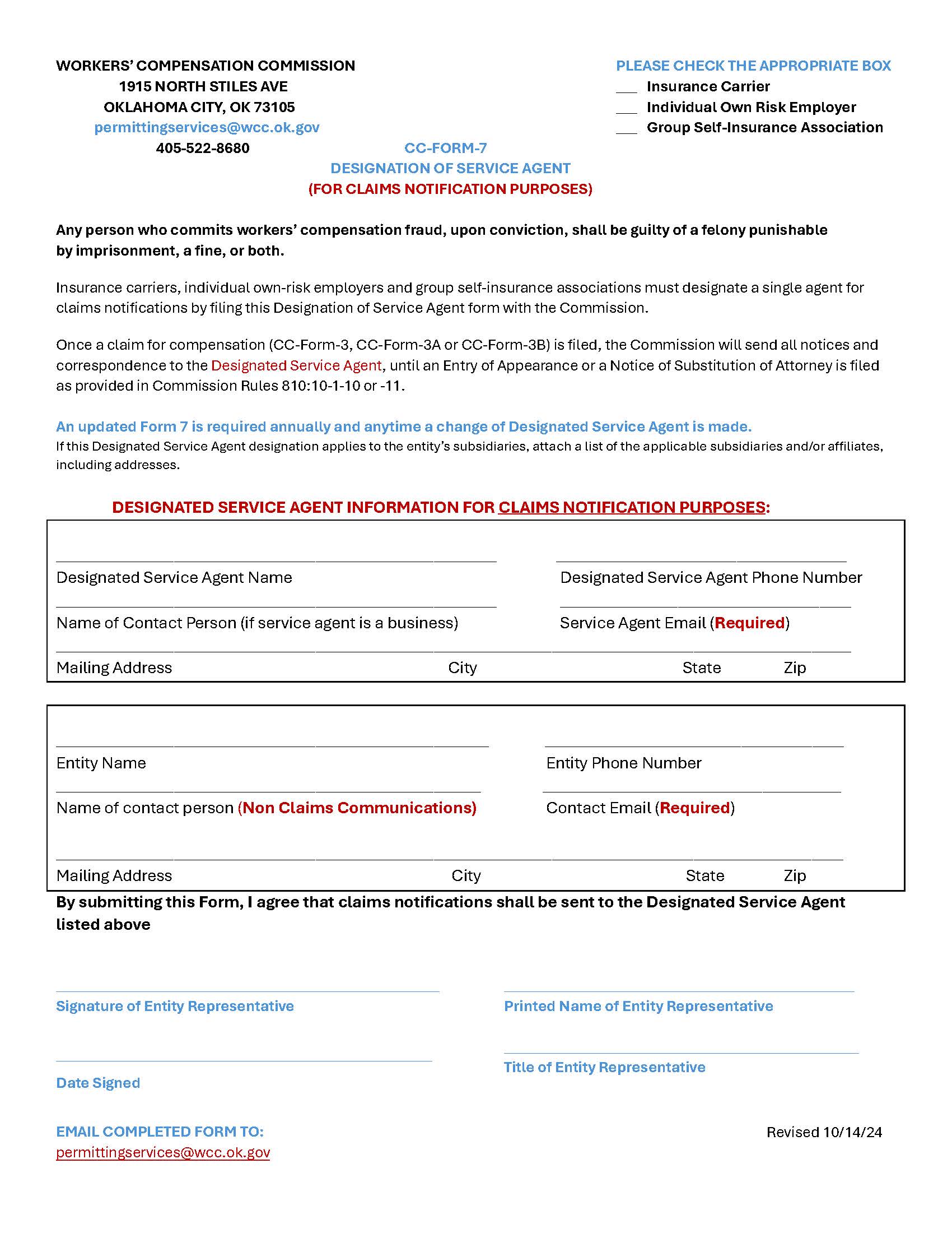 Designation Of Service Agent {CC-Form-7} | Pdf Fpdf Doc Docx | Oklahoma