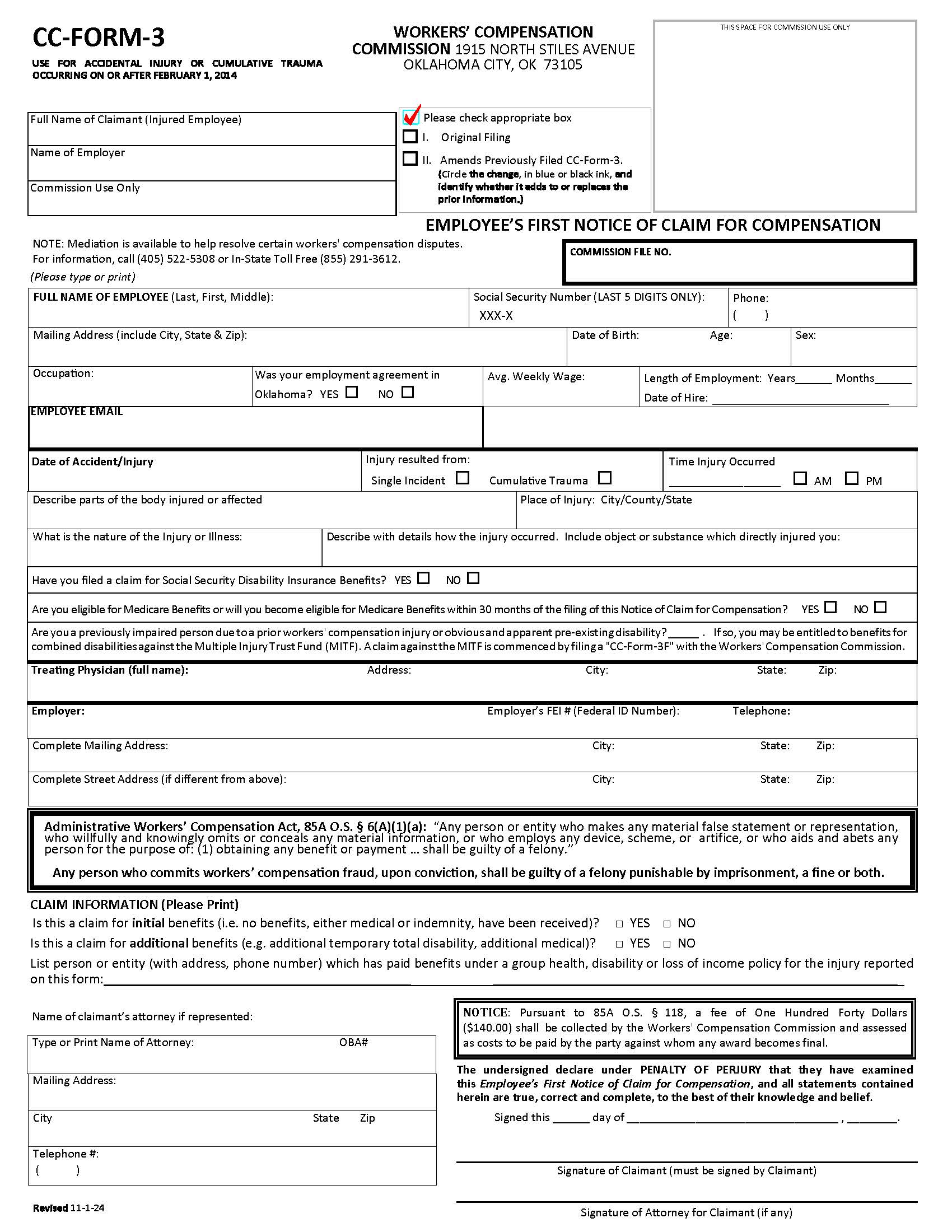 Employees First Notice Of Claim For Compensation {CC-Form-3} | Pdf Fpdf Docx | Oklahoma