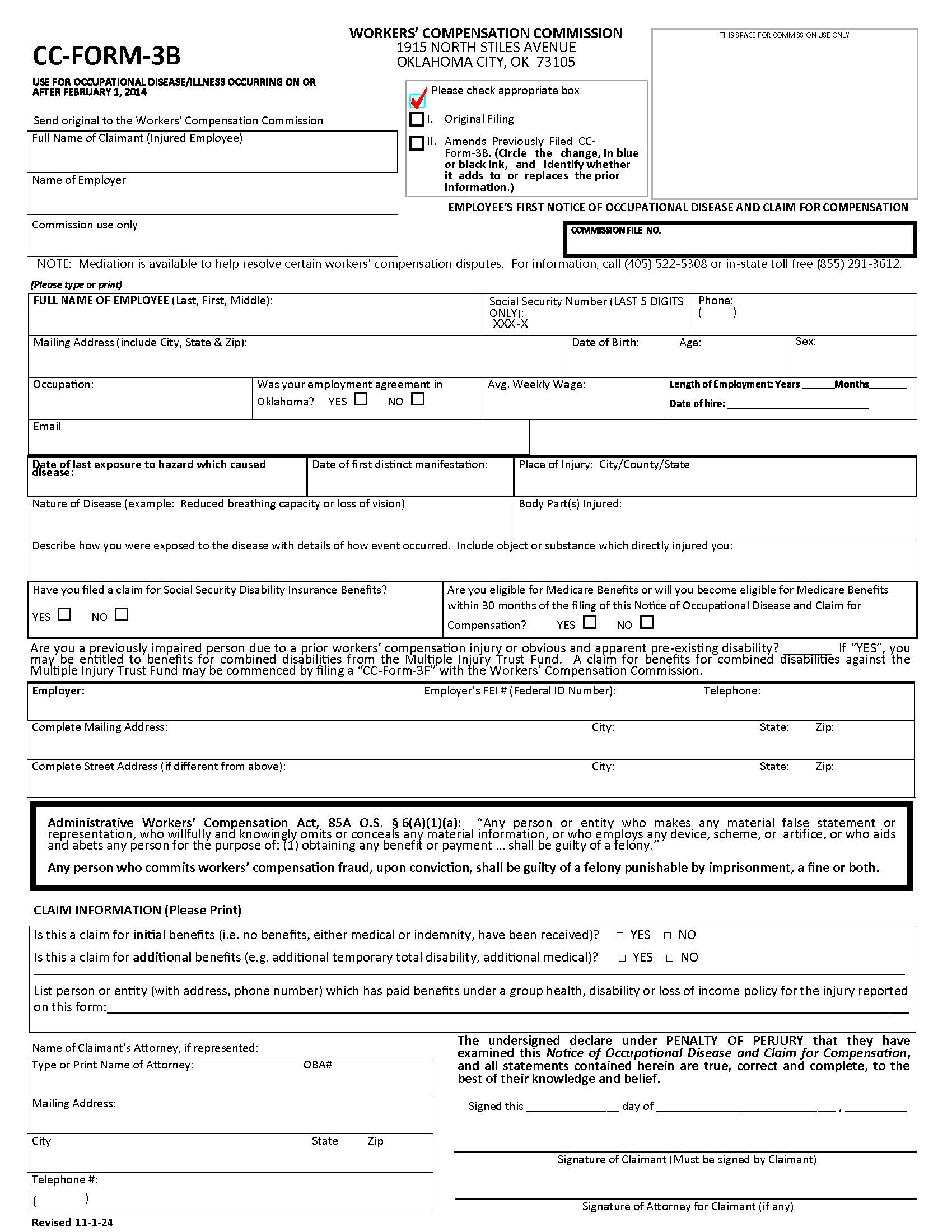 Employees First Notice Of Occupational Disease And Claim For Compensation {CC-Form-3B} | Pdf Fpdf Docx | Oklahoma