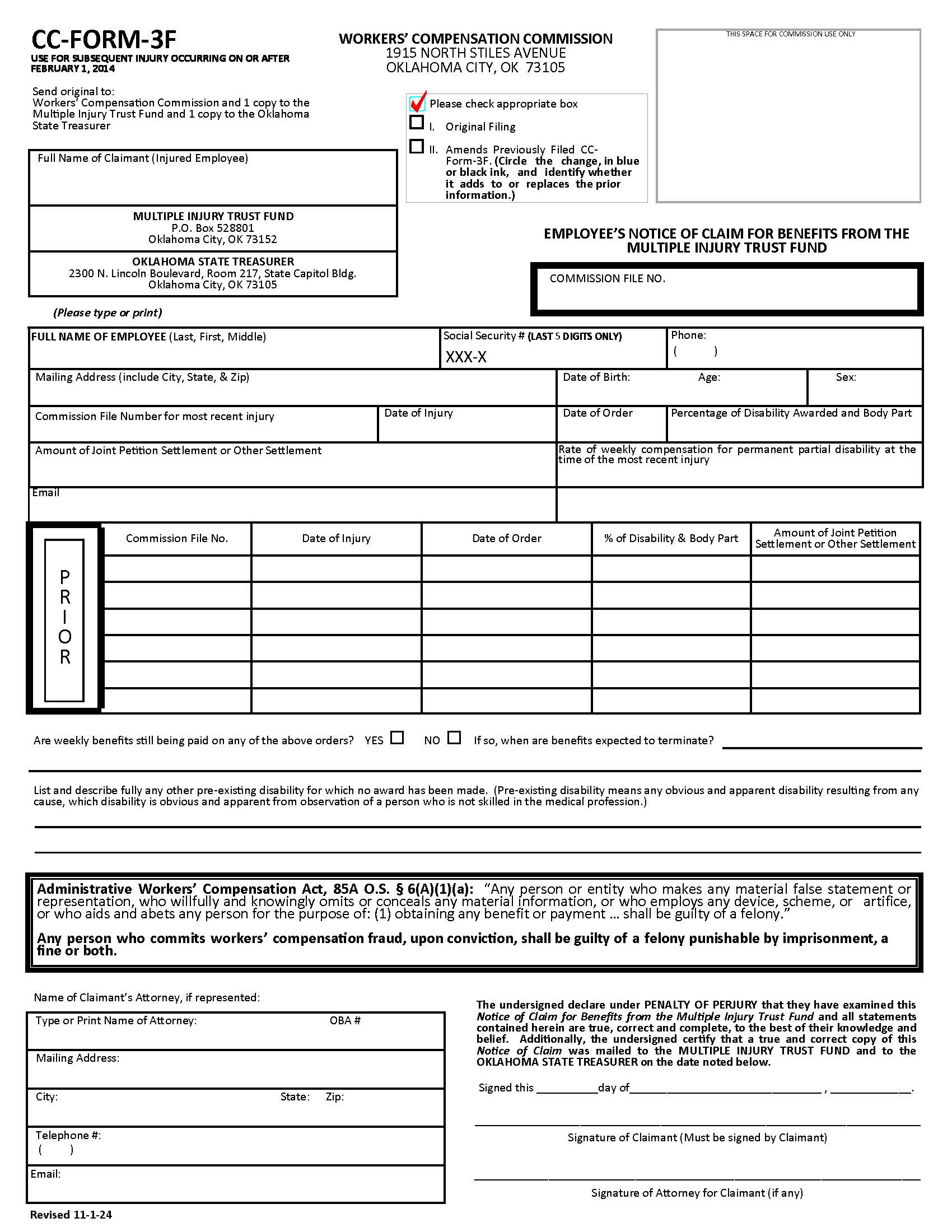 Employees Notice Of Claim For Benefits From The Multiple Injury Trust Fund {CC-Form-3F} | Pdf Fpdf Docx | Oklahoma