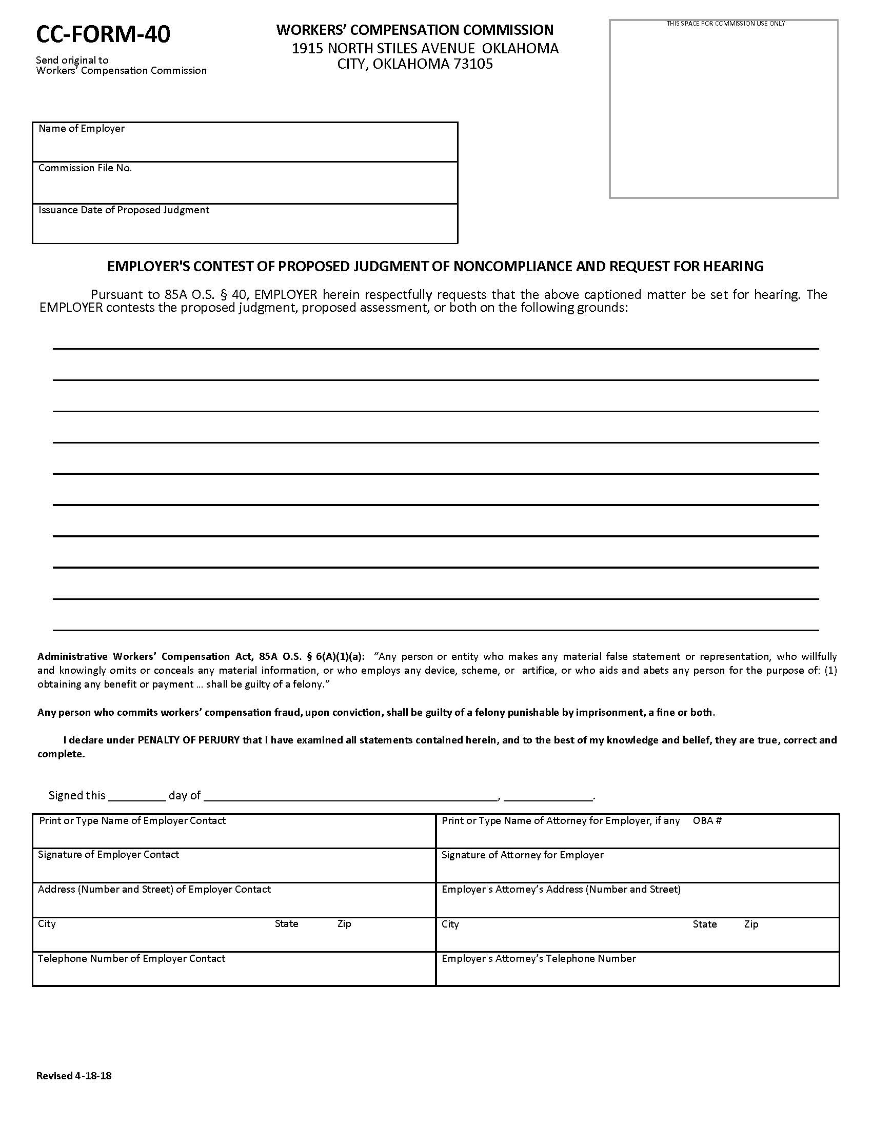 Employers Contest Of Proposed Judgment Of Noncompliance {CC-Form-40} | Pdf Fpdf Docx | Oklahoma