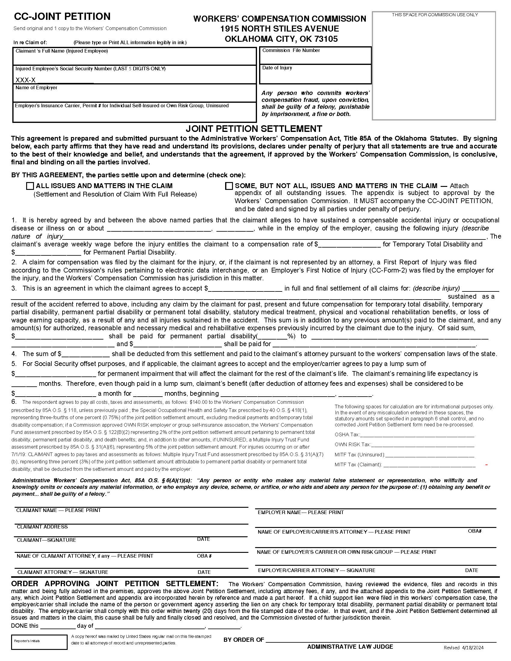 Joint Petition Settlement {CC Joint Petition} | Pdf Fpdf Docx | Oklahoma