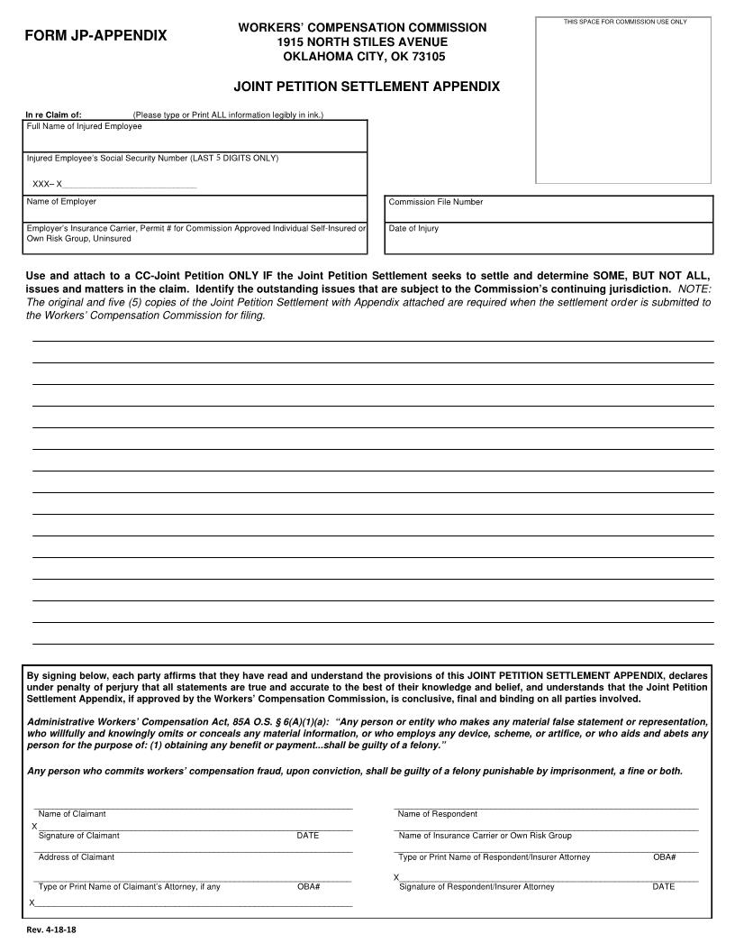 Joint Petition Settlement Appendix {Form-JP-Appendix} | Pdf Fpdf Docx | Oklahoma