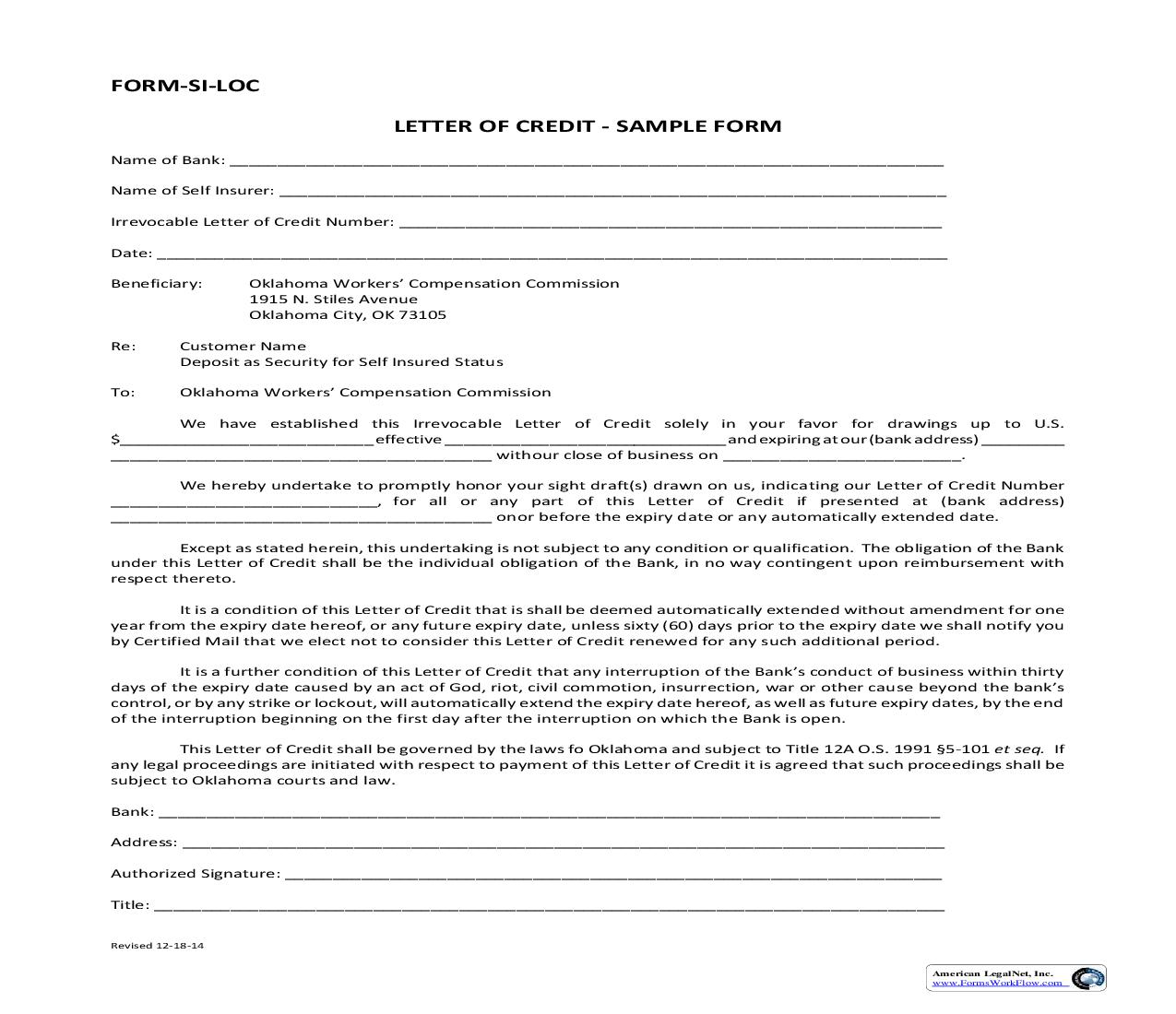 Letter Of Credit {Form-SI-LOC} | Pdf Fpdf Doc Docx | Oklahoma