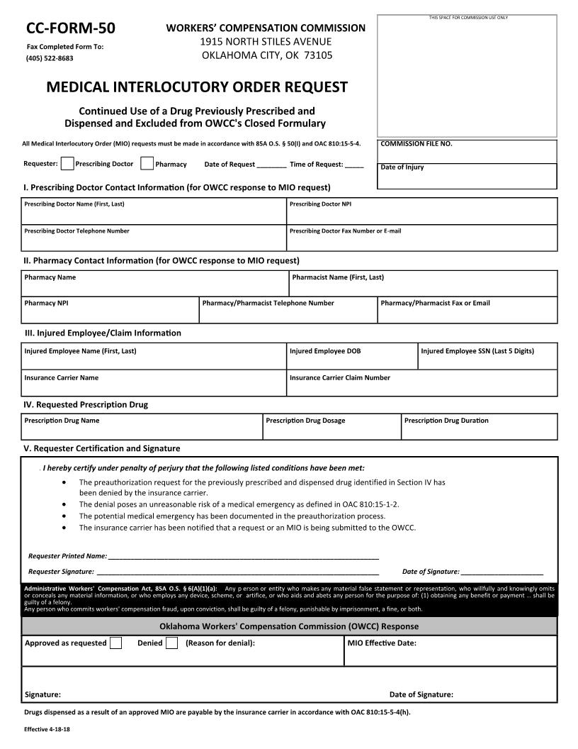 Medical Interlocutory Order Request {CC-Form-50} | Pdf Fpdf Docx | Oklahoma