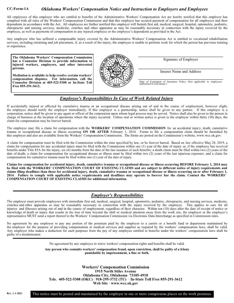 Notice And Instruction To Employers And Employees {CC-Form-1A} | Pdf Fpdf Doc Docx | Oklahoma