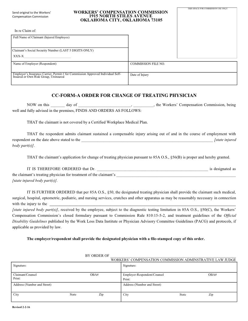 Order For Change Of Treating Physician {CC-Form-A Order} | Pdf Fpdf Doc Docx | Oklahoma