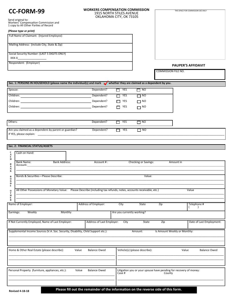 Paupers Affidavit {CC-Form-99} | Pdf Fpdf Docx | Oklahoma