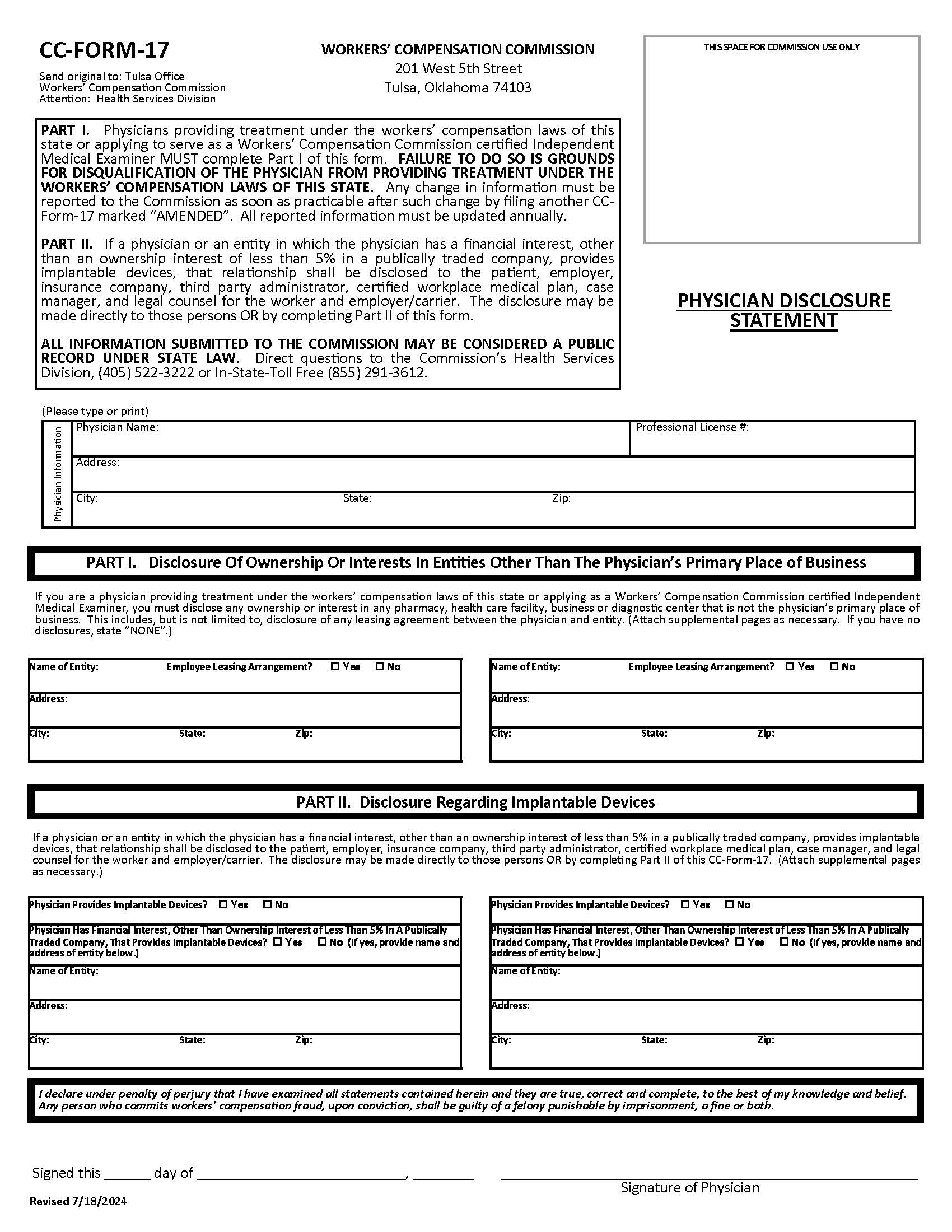 Physician Disclosure Statement {CC-Form-17} | Pdf Fpdf Doc Docx | Oklahoma