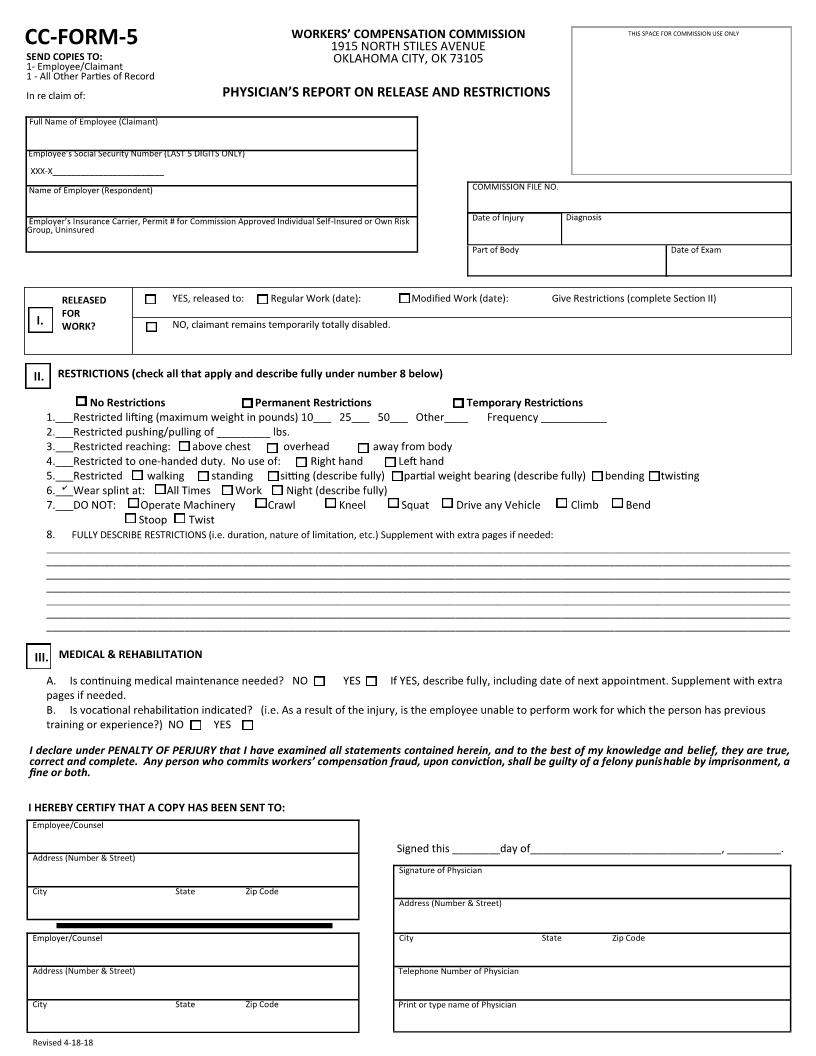 Physicians Report On Release And Restrictions {CC-Form-5} | Pdf Fpdf Docx | Oklahoma