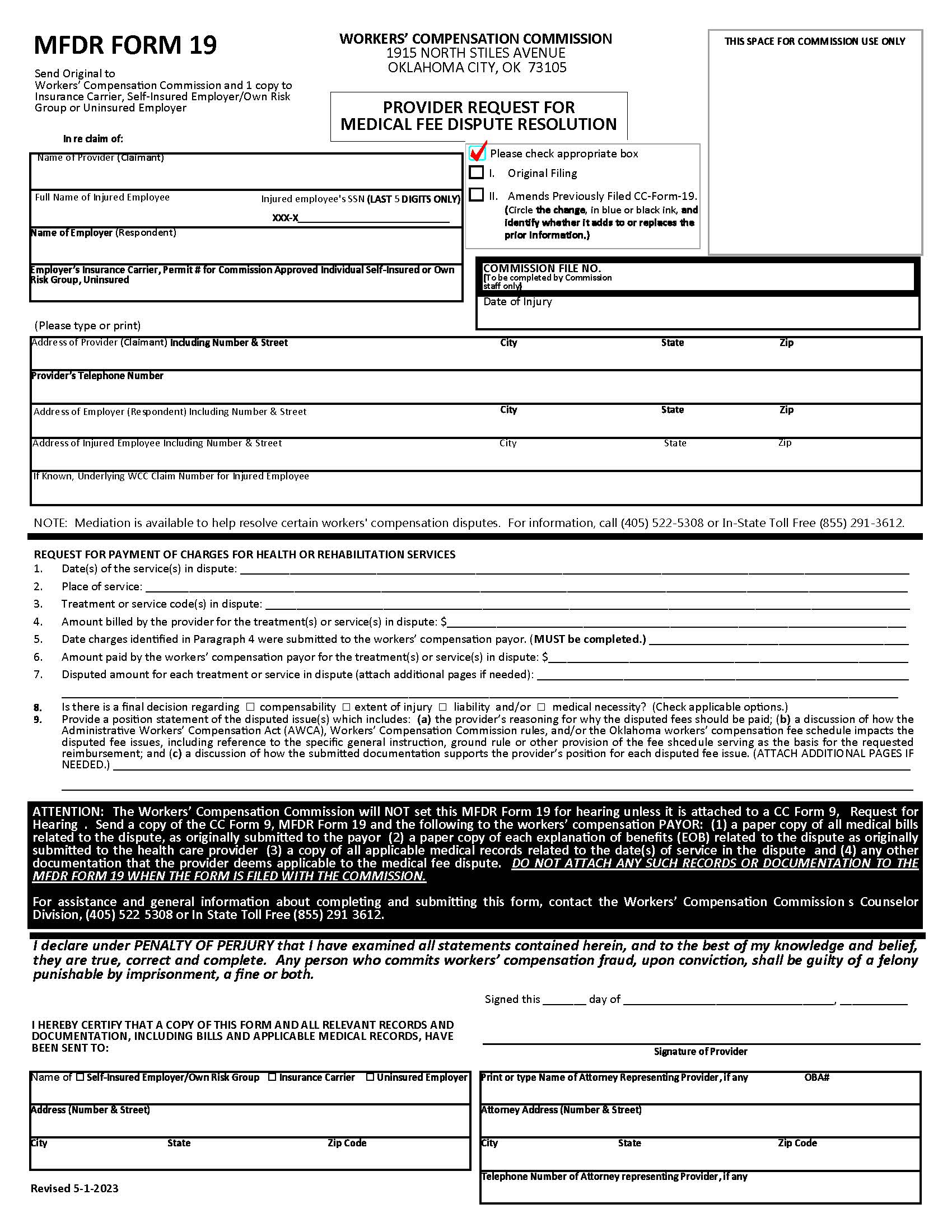 Provider Request For Medical Fee Dispute Resolution {MFDR Form 19} | Pdf Fpdf Docx | Oklahoma