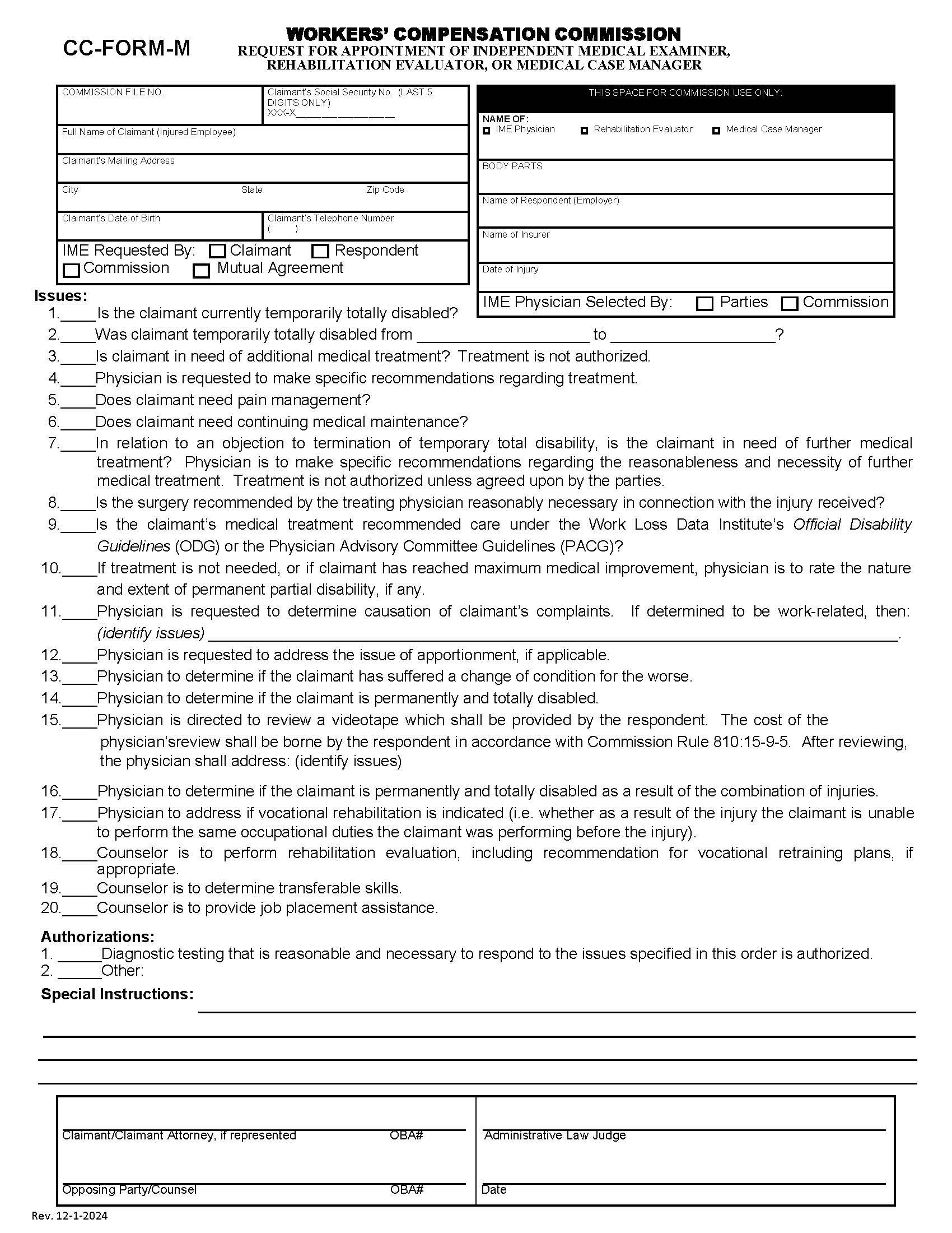 Request For Appointment Of Independent Medical Examiner Rehabilitation Evaluator Medical Case Manager {CC-Form-M} | Pdf Fpdf Docx | Oklahoma