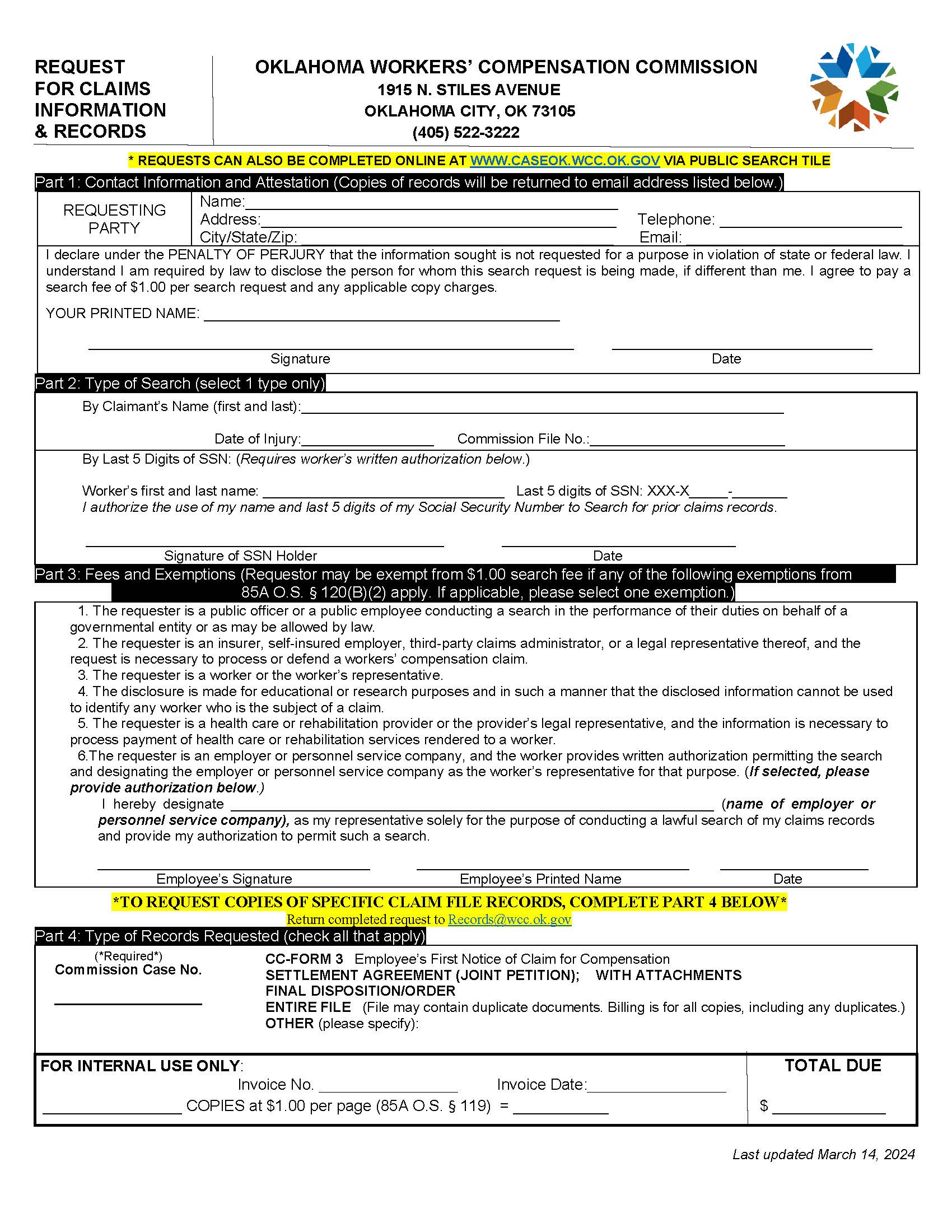 Request For Claims File Information | Pdf Fpdf Doc Docx | Oklahoma