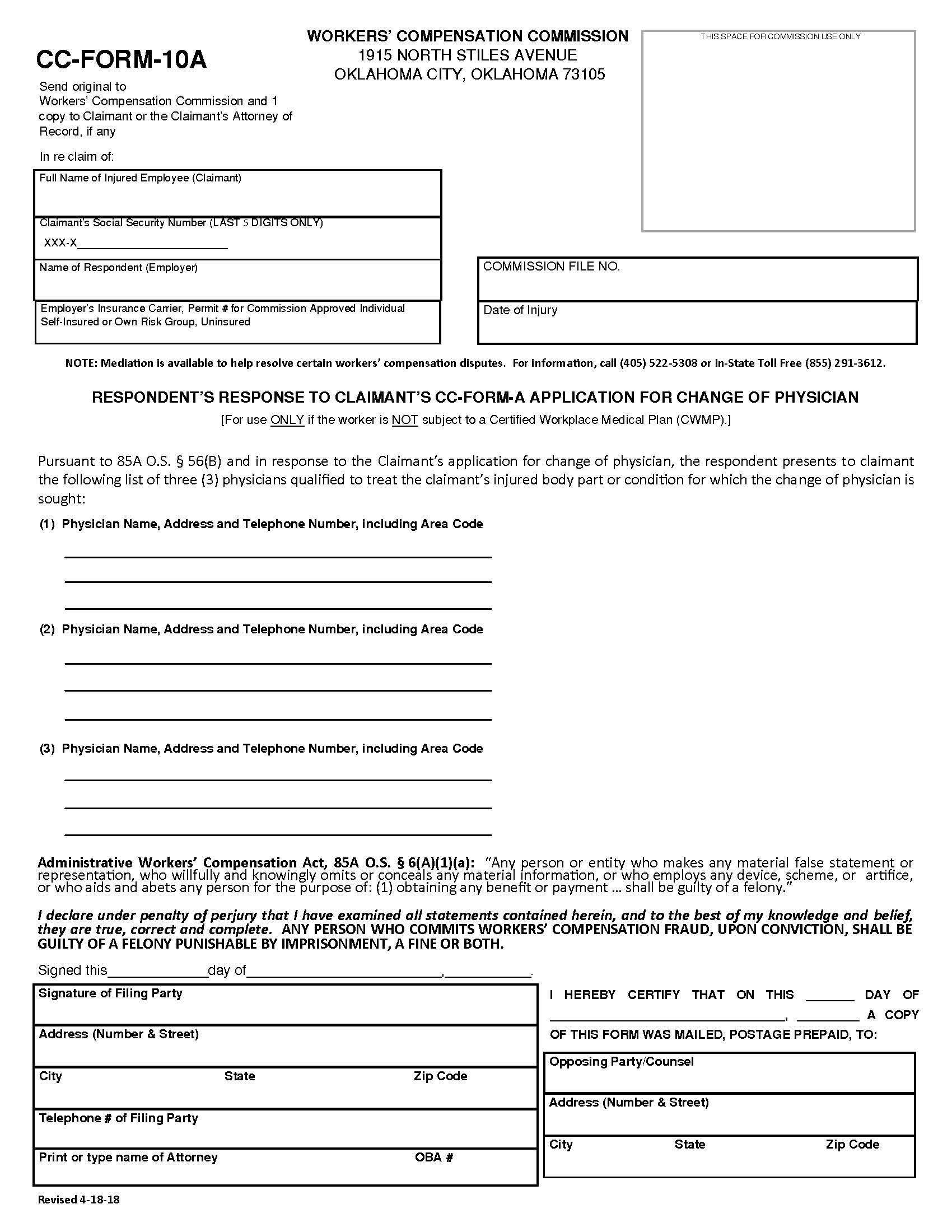 Respondents Response To Claimants CC Form A Application {CC-Form-10A} | Pdf Fpdf Docx | Oklahoma