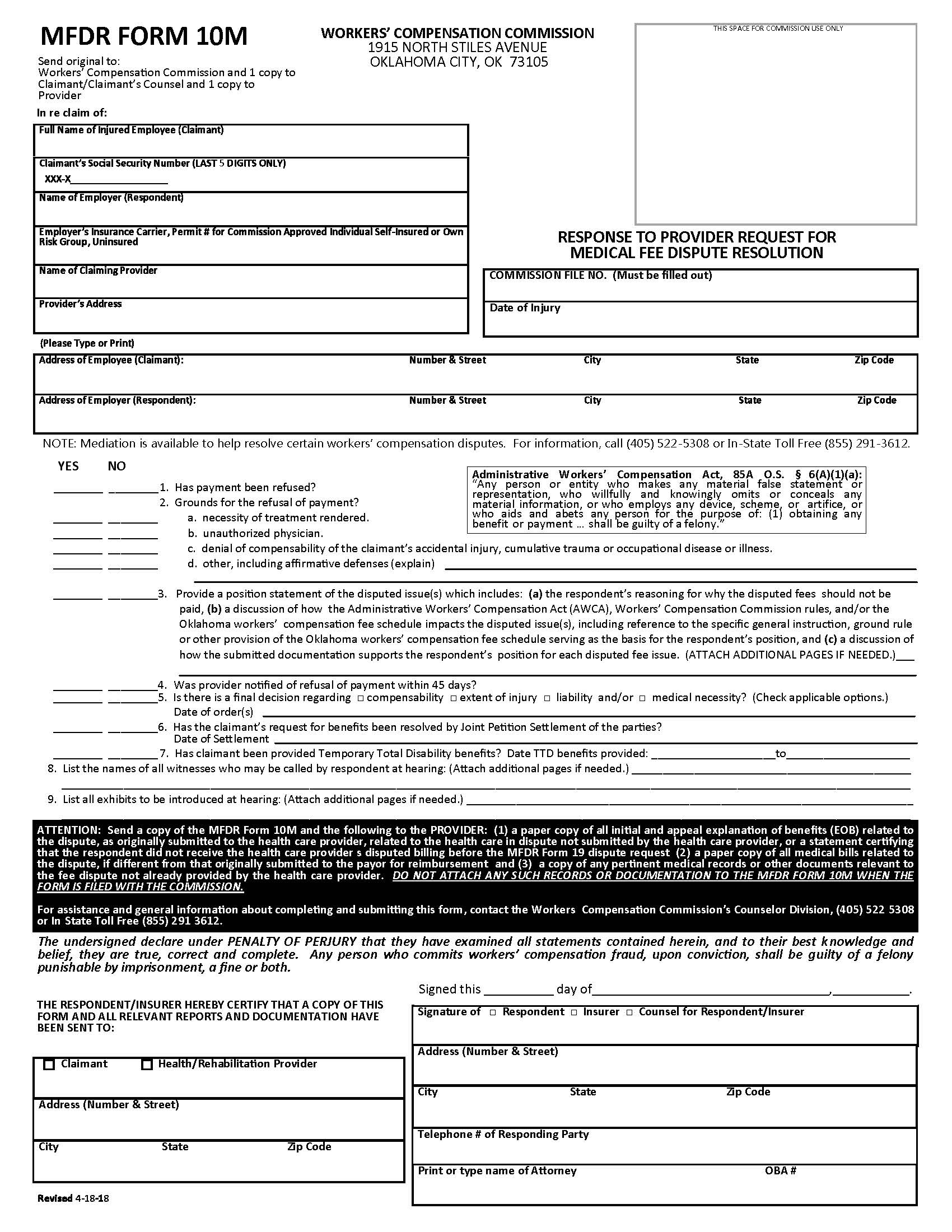 Response To Request For Payment Of Charges For Health {MFDR Form 10M} | Pdf Fpdf Docx | Oklahoma