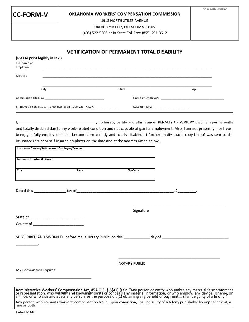Verification Of Permanent Total Disability {CC-Form-V} | Pdf Fpdf Docx | Oklahoma