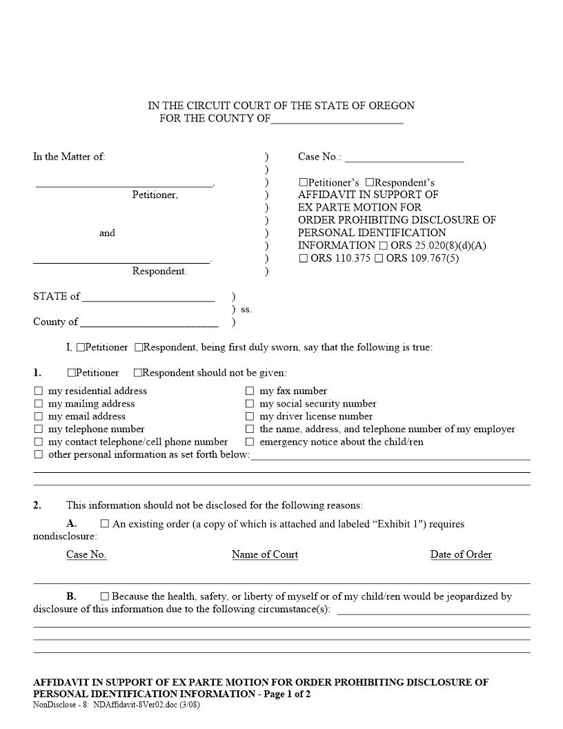 Affidavit In Support Of Motion Prohibiting Disclosure | Pdf Fpdf Docx | Oregon