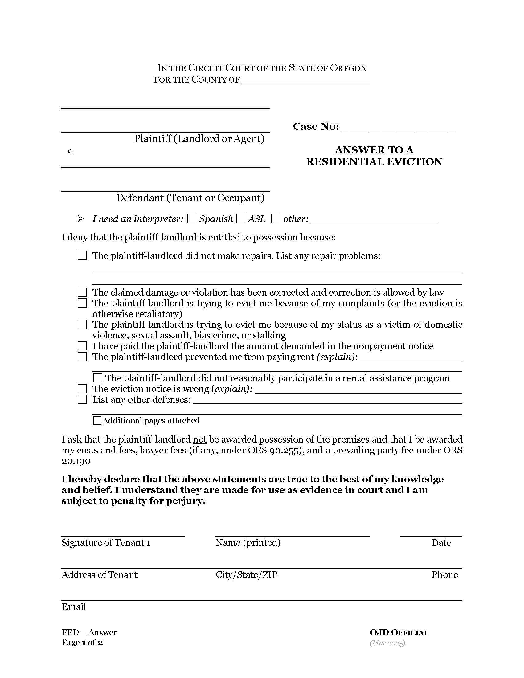 Answer To Residential Eviction | Pdf Fpdf Docx | Oregon