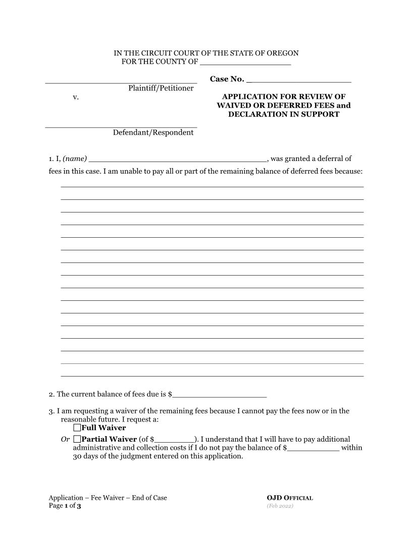 Application For Review Of Waived Or Deferred Fees | Pdf Fpdf Docx | Oregon
