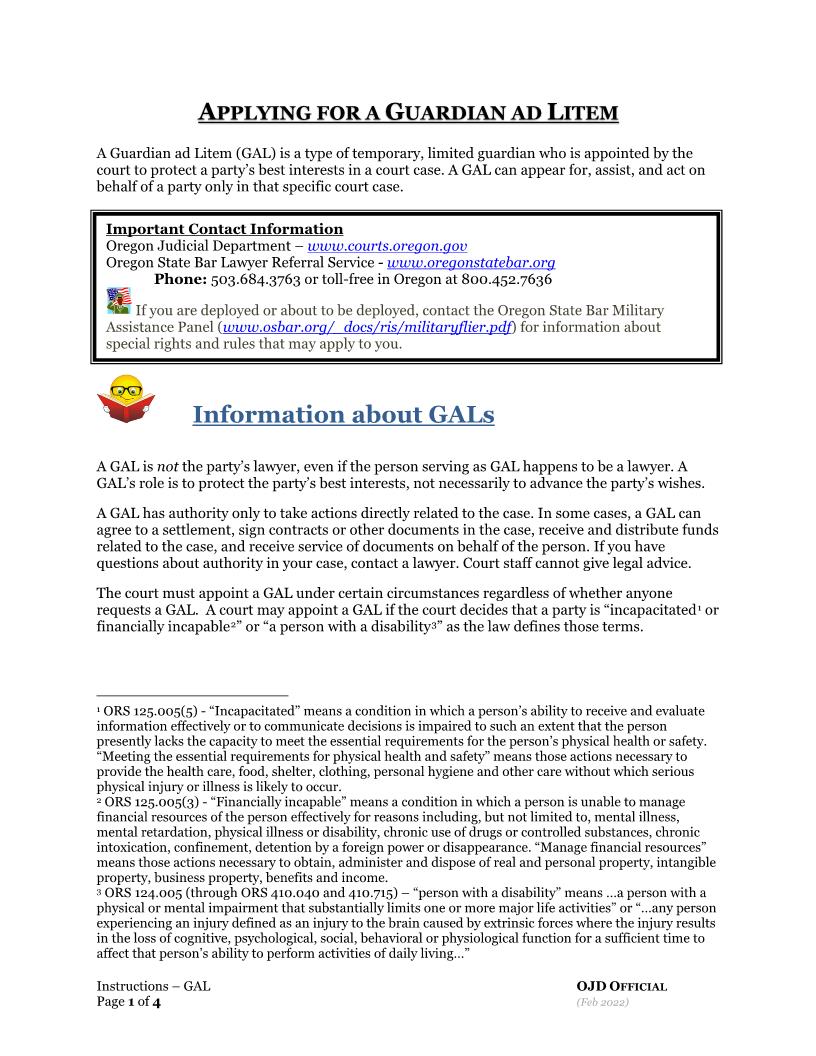 Appointment Of GAL Packet Petitioner vs Respondent | Pdf Fpdf Docx | Oregon