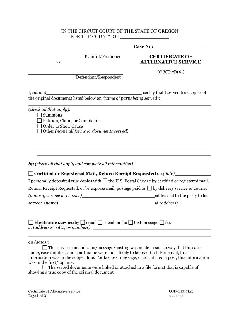 Certificate Of Alternative Service | Pdf Fpdf Docx | Oregon