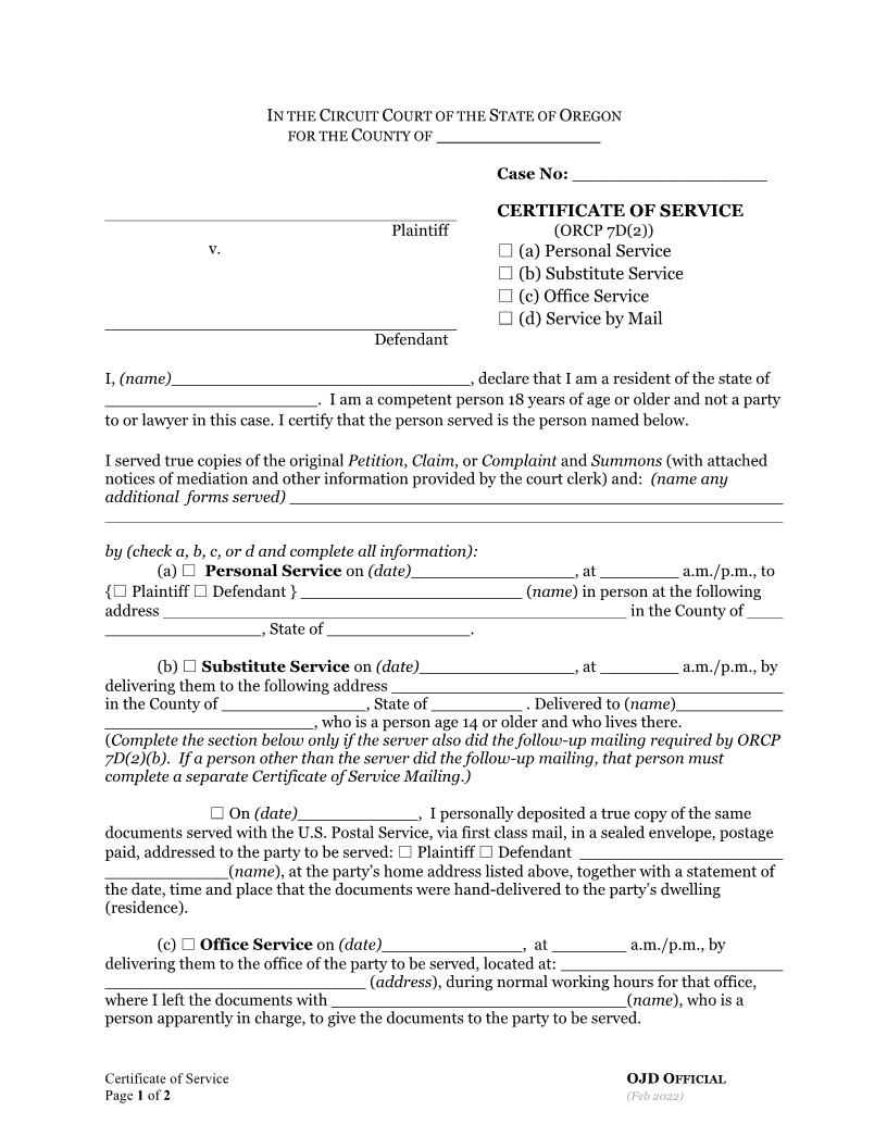 Certificate Of Service | Pdf Fpdf Docx | Oregon