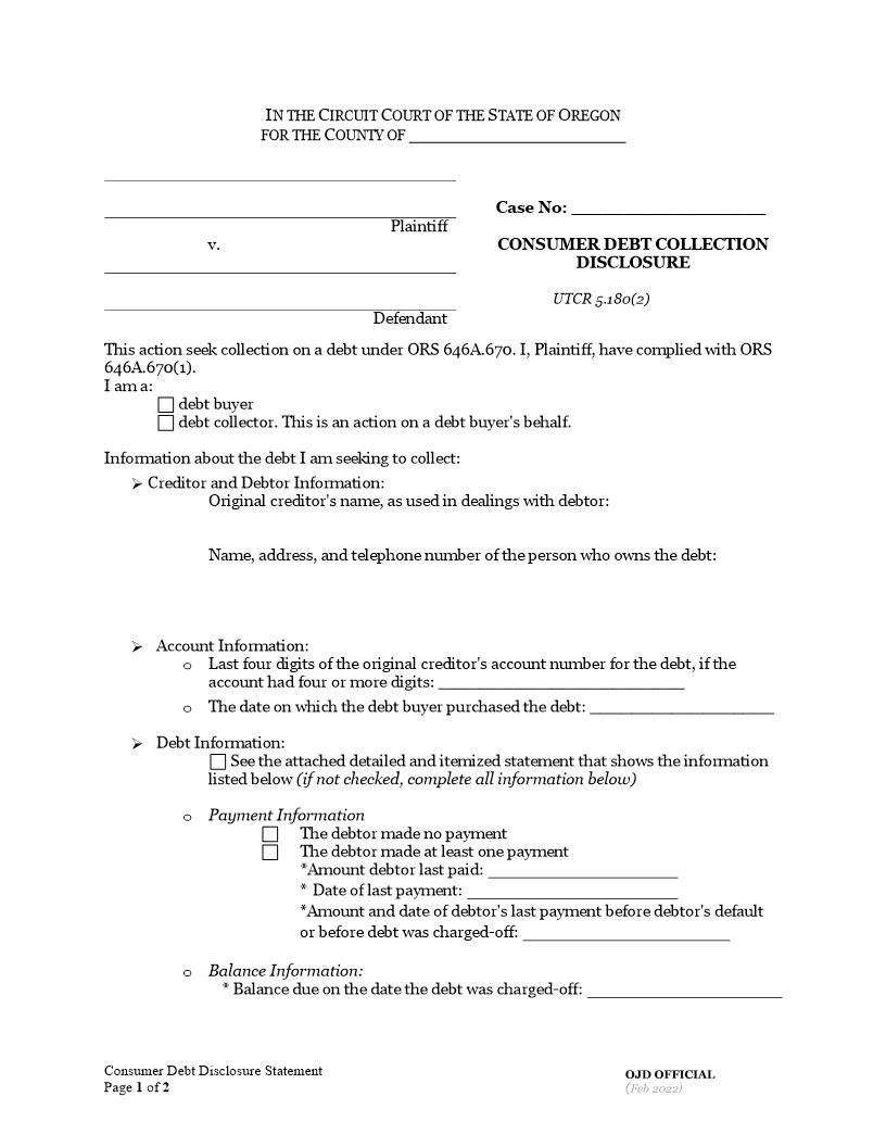 Consumer Debt Collection Disclosure | Pdf Fpdf Docx | Oregon