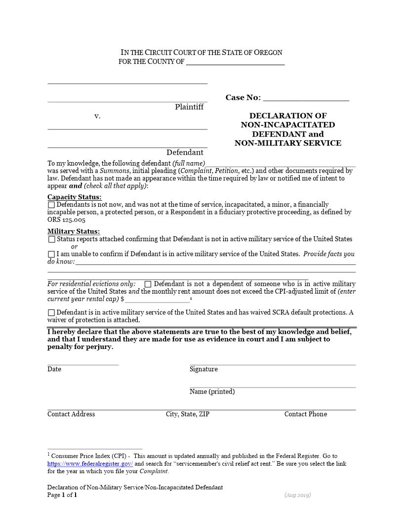 Declaration Of Non-incapacitated And Non-military Service | Pdf Fpdf Docx | Oregon