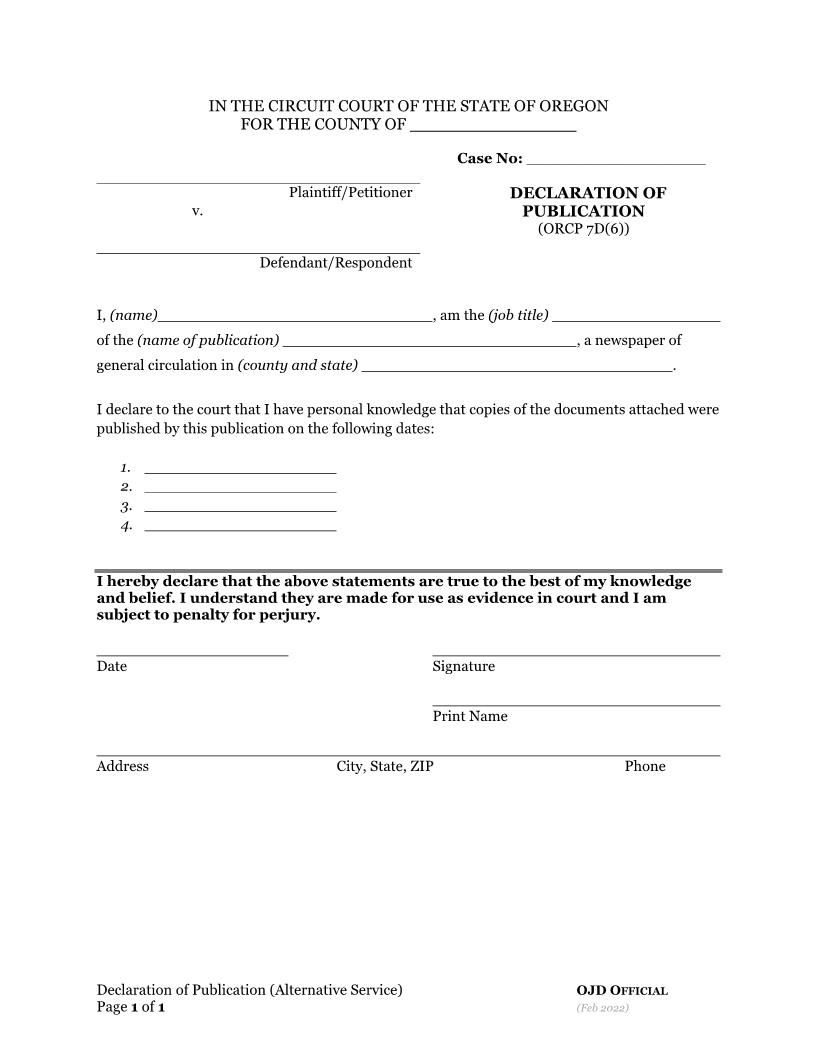 Declaration Of Publication | Pdf Fpdf Docx | Oregon