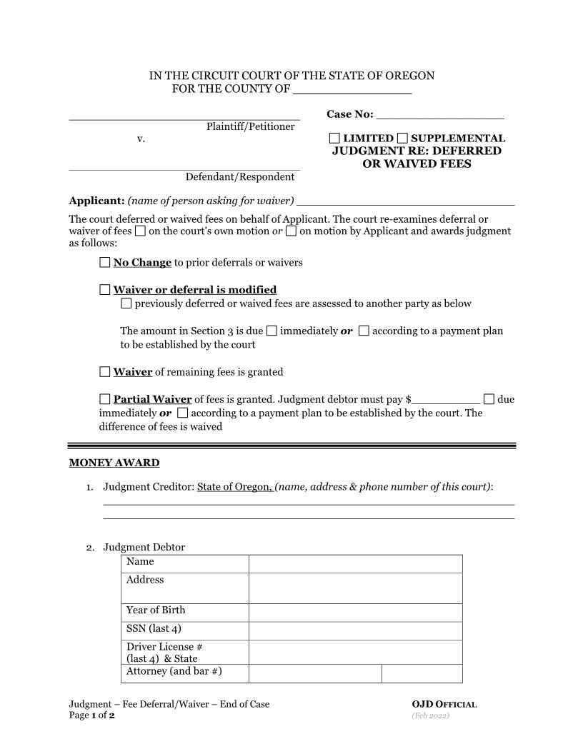 Judgment Regarding Deferred Or Waived Fees | Pdf Fpdf Docx | Oregon