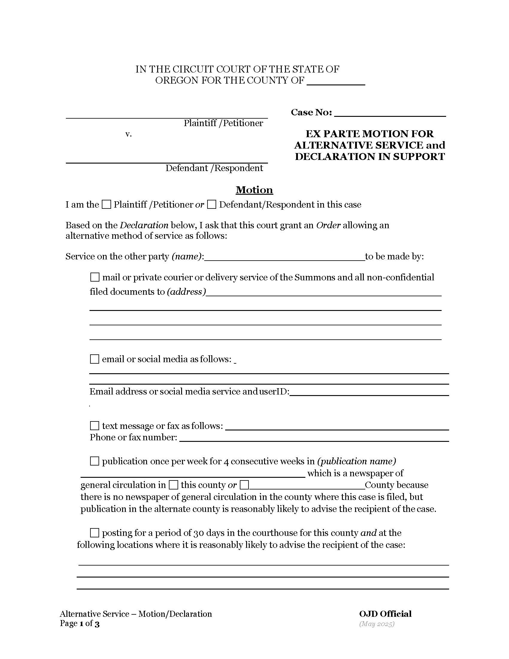 Motion For Alternative Service | Pdf Fpdf Docx | Oregon