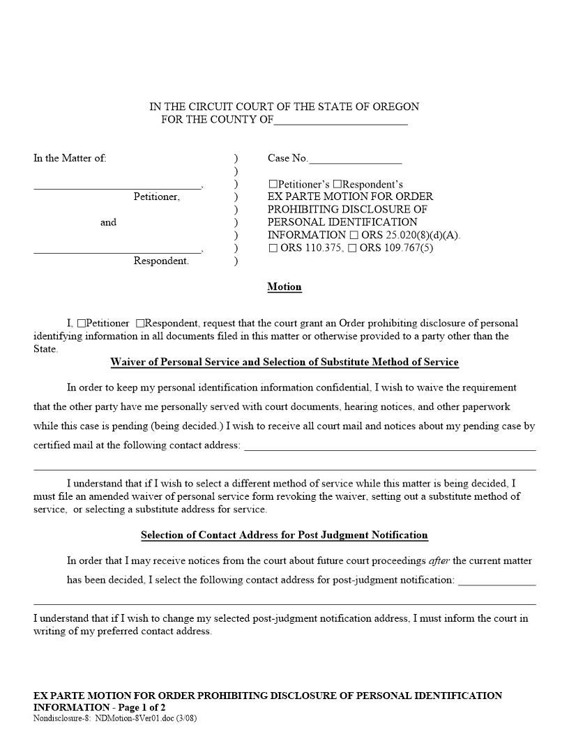 Motion For Order Prohibiting Disclosure Of Personal Information | Pdf Fpdf Docx | Oregon