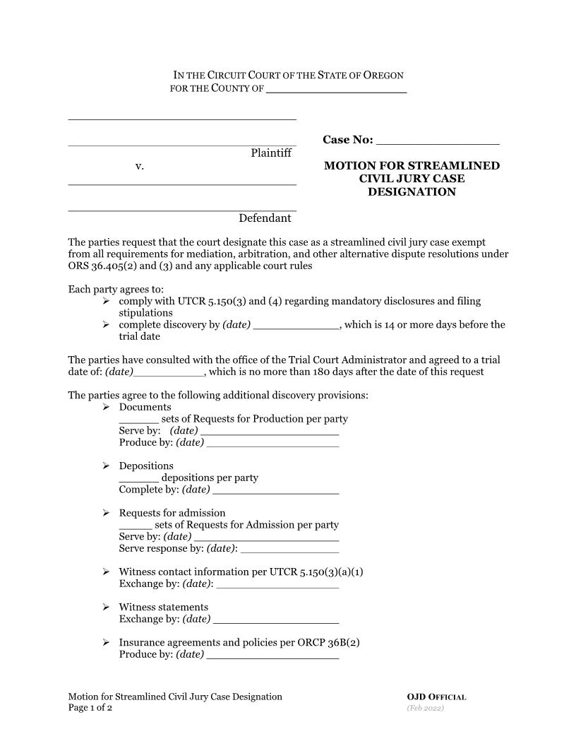 Motion For Streamlined Trial | Pdf Fpdf Docx | Oregon