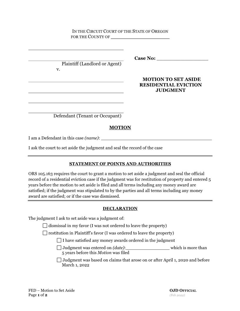 Motion To Set Aside Residential Eviction Judgment | Pdf Fpdf Docx | Oregon