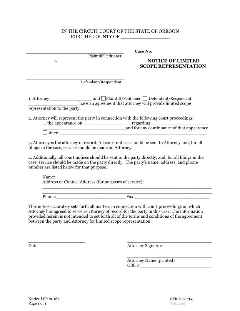 Notice Of Limited Scope Representation | Pdf Fpdf Docx | Oregon