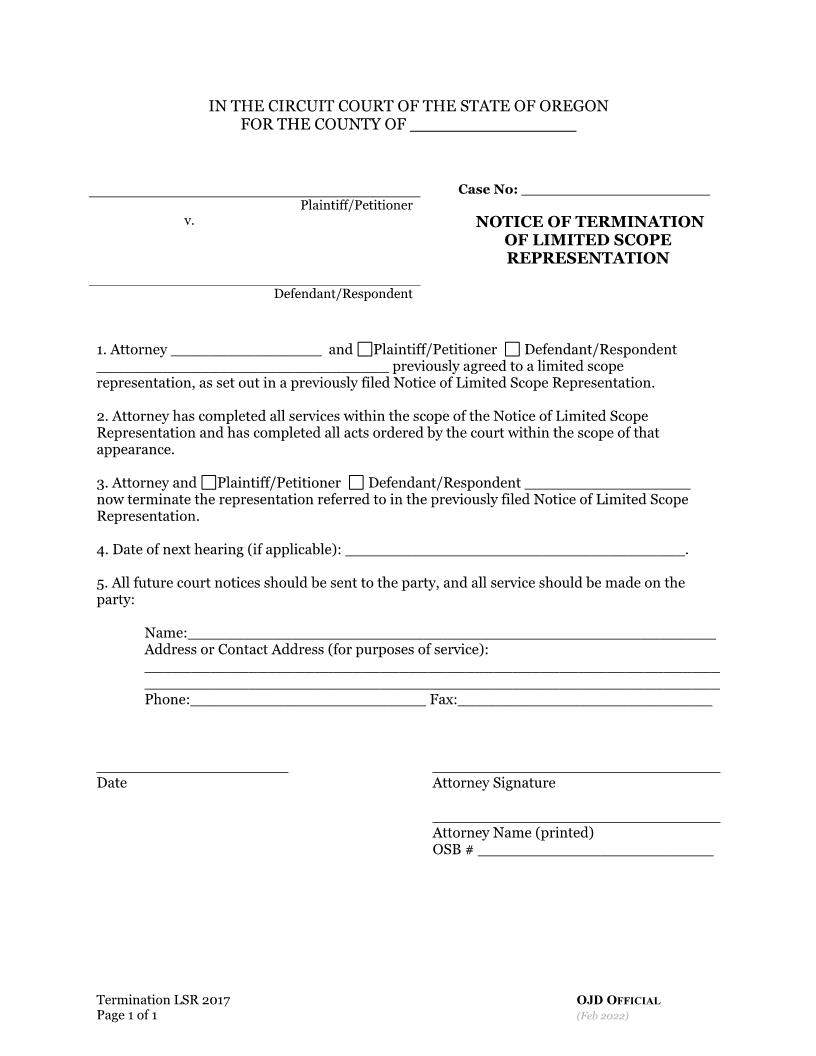 Notice Of Termination Of Limited Scope Representation | Pdf Fpdf Docx | Oregon