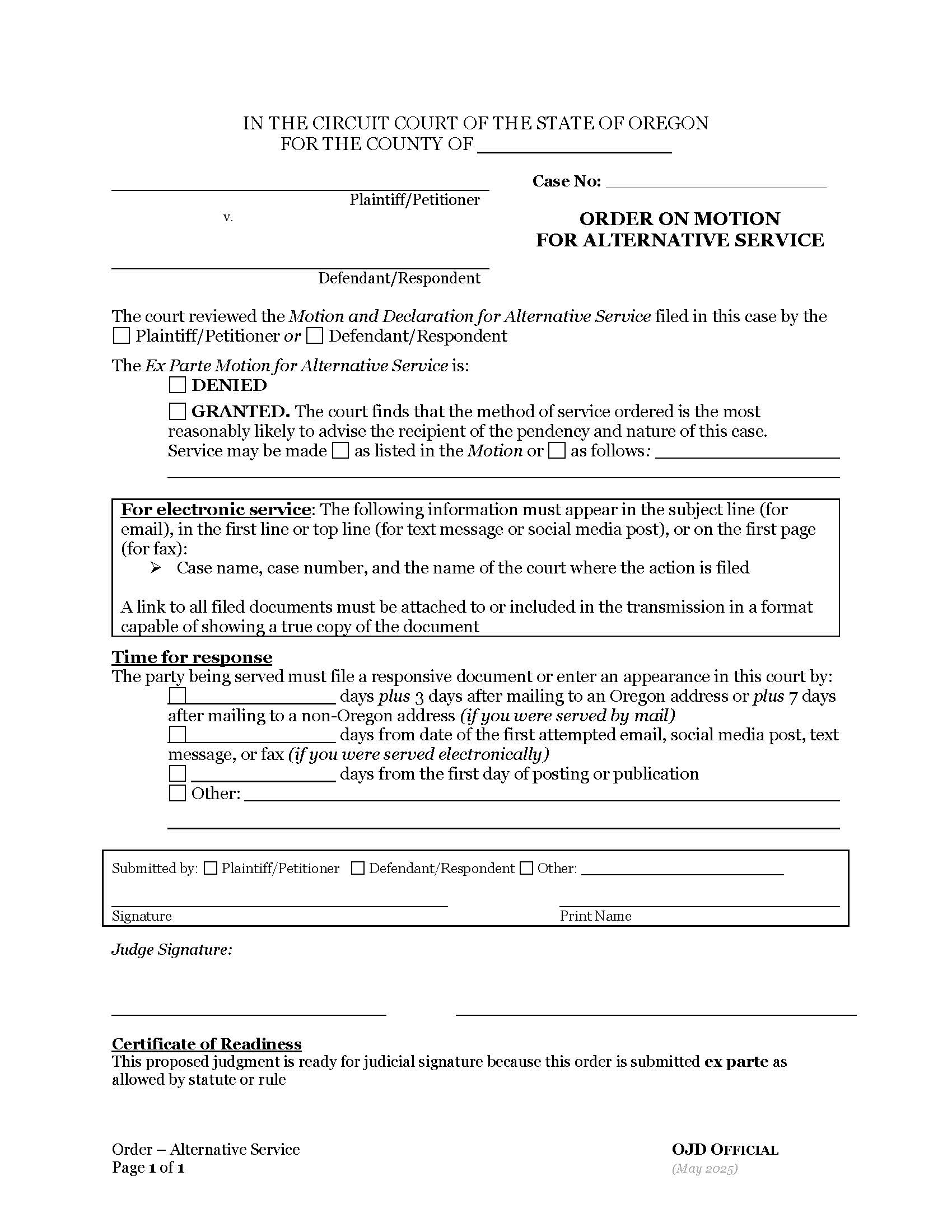 Order On Motion For Alternative Service | Pdf Fpdf Docx | Oregon