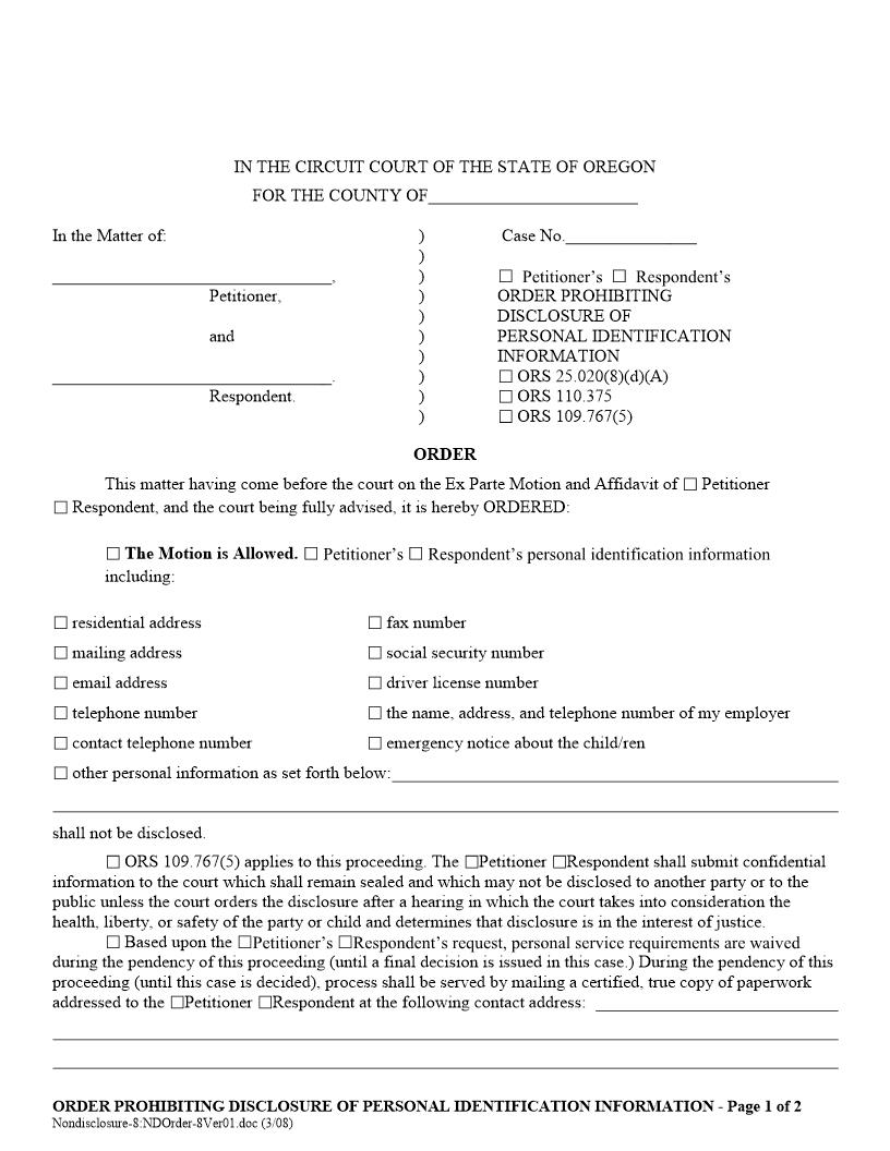Order Prohibiting Disclosure Of Personal Information | Pdf Fpdf Docx | Oregon