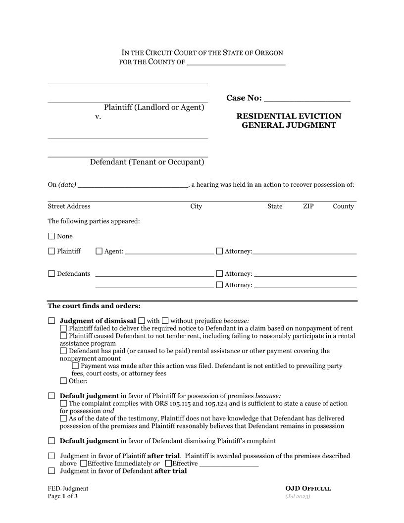 Residential Eviction General Judgment | Pdf Fpdf Docx | Oregon