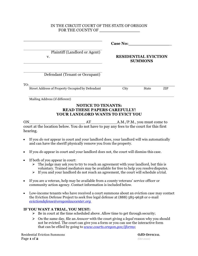 Residential Eviction Summons | Pdf Fpdf Docx | Oregon