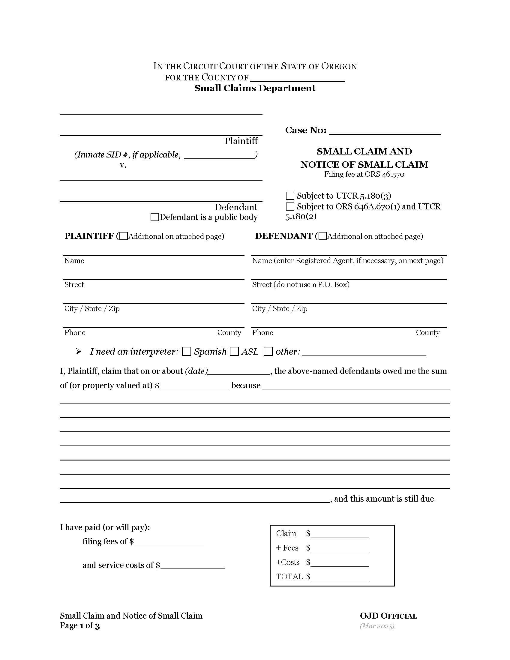 Small Claim and Notice | Pdf Fpdf Docx | Oregon