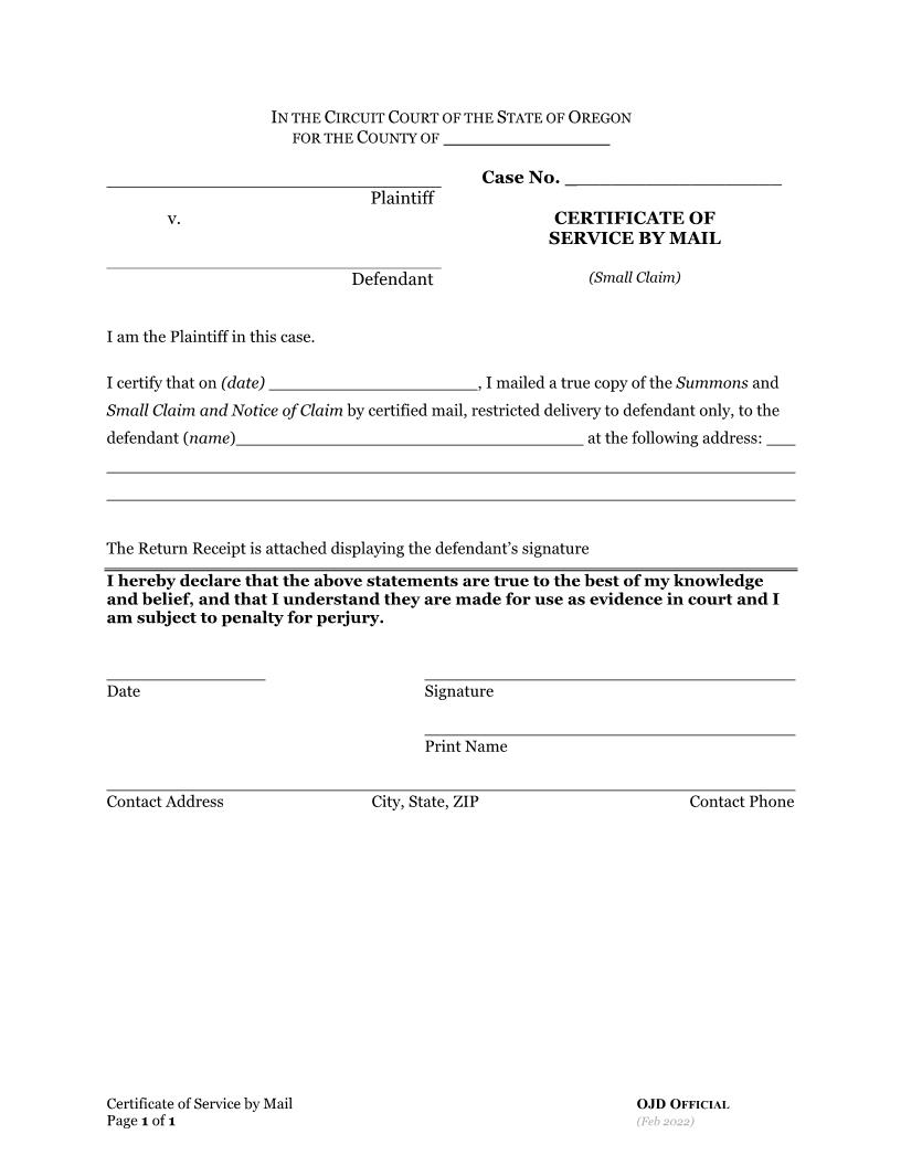 Small Claims Certificate Of Service By Mail | Pdf Fpdf Docx | Oregon
