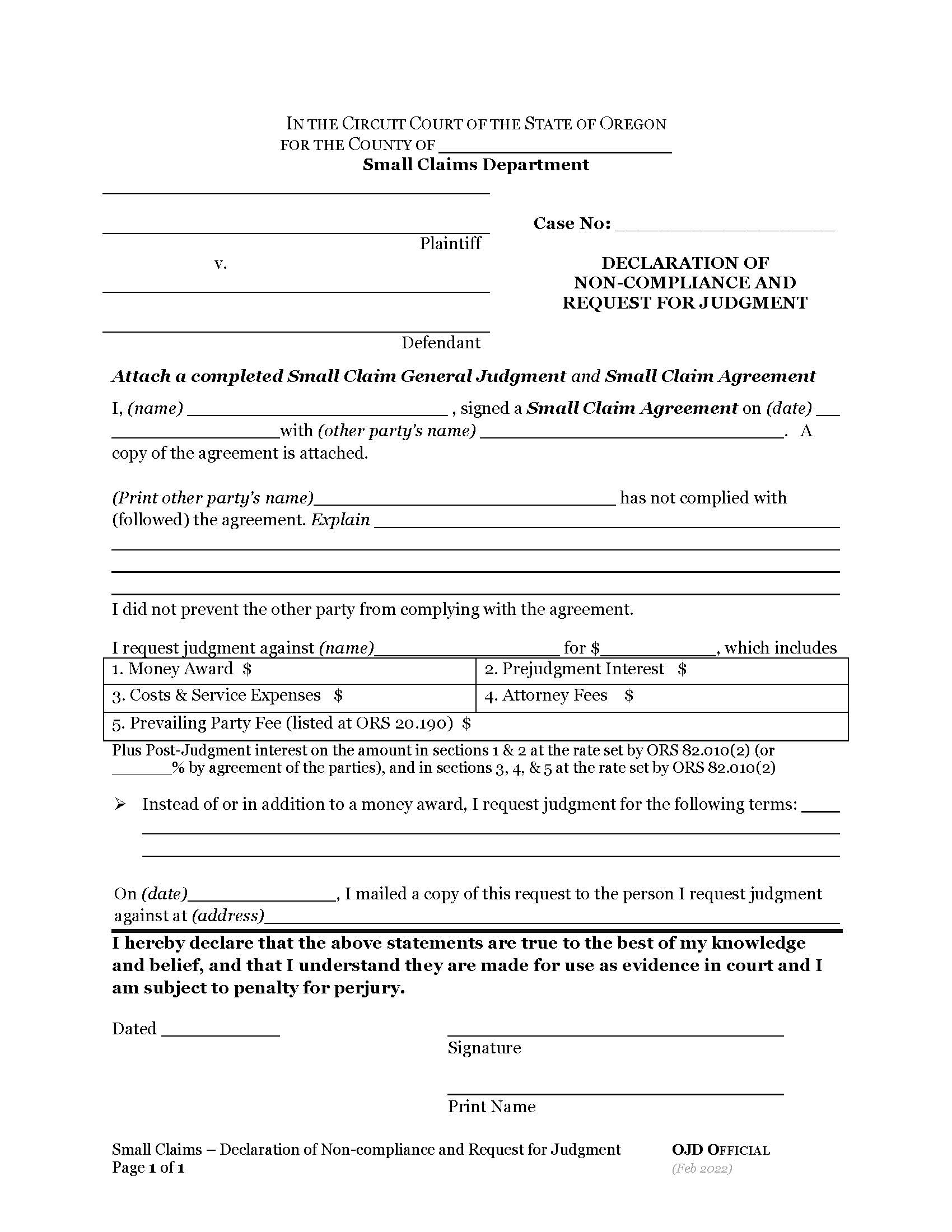 Small Claims Declaration Of Non-compliance | Pdf Fpdf Docx | Oregon