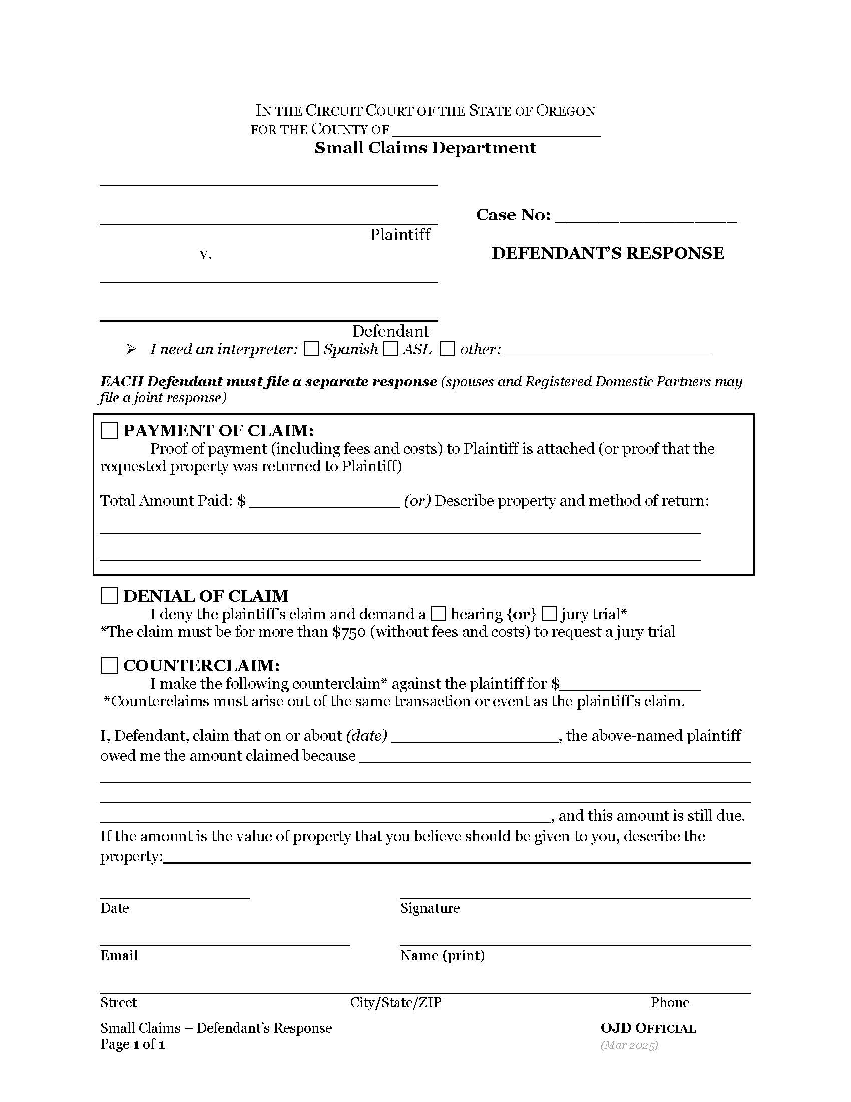 Small Claims Defendant Response | Pdf Fpdf Docx | Oregon